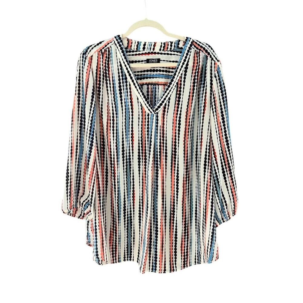 Jones New York V-Neck Pleat Front Tunic XL Cream Coral Blue Vertical Striped Dot
